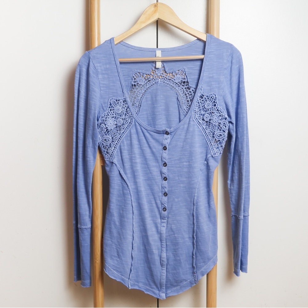 SOLD Free People | Keepsake Long Sleeve Crochet Inset Slub Henley Top - Picture 8 of 9